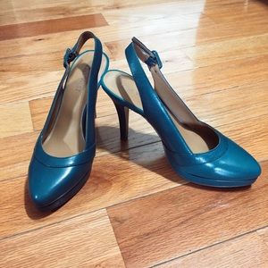 Nine West Teal Leather Slingback Heels, Size 5